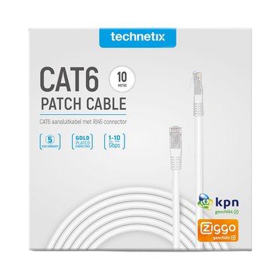 Technetix Cat6 netwerkkabel 10 meter wit Ziggo en KPN geschikt